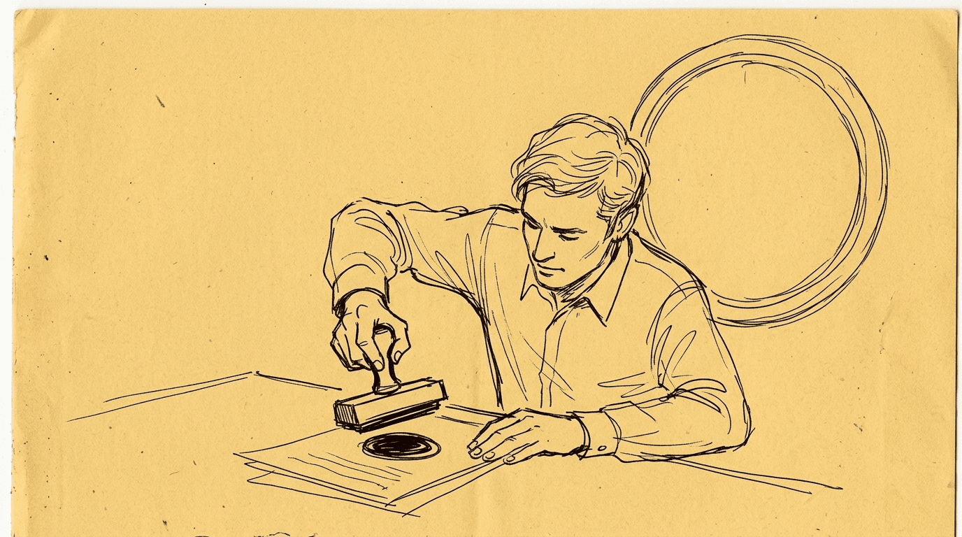 A clerk pressing a stamp onto a receipt form, a wall clock behind