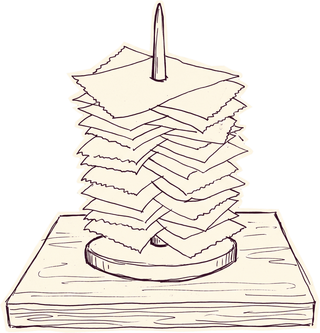 A wooden receipt spike on a scratched desk, holding overlapping stamped slips